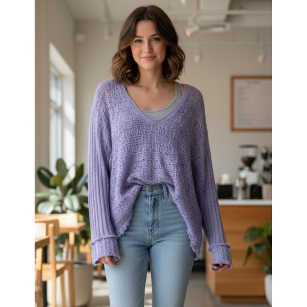 Free People We The Free Thien's Hacci Sweater Women Small Periwinkle Frayed Trim